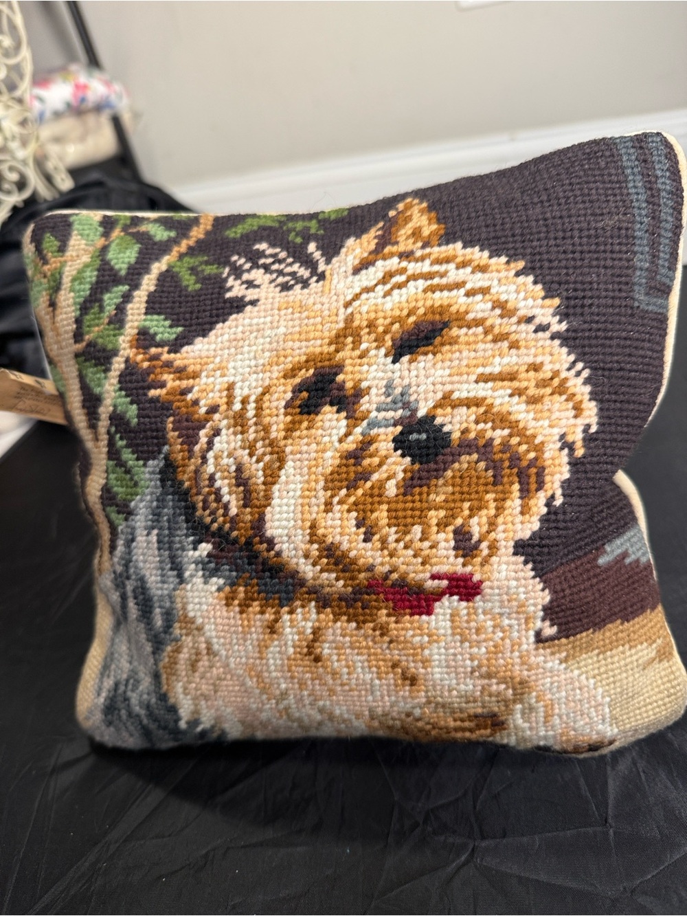 Handcrafted Dog Needlepoint Accent Pillow in Brown and Tan